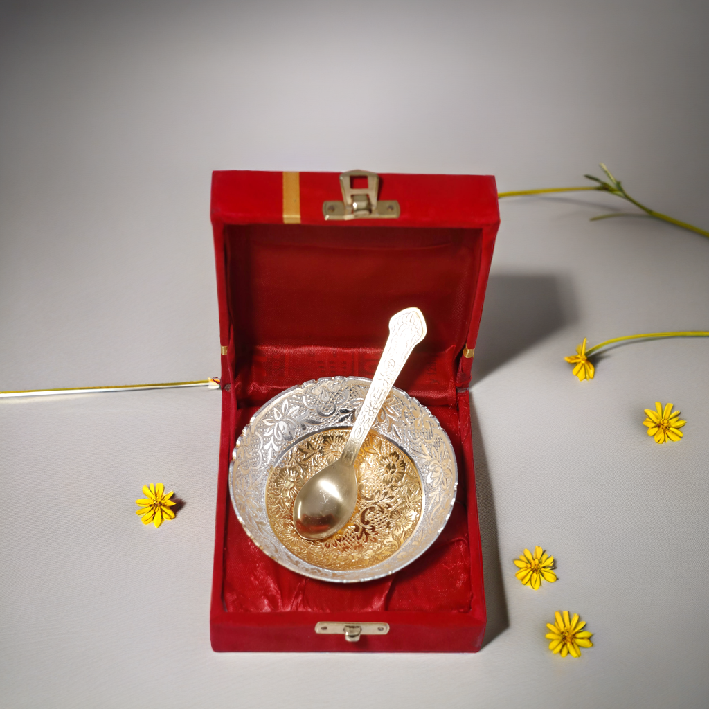 Bowl Set Pure Brass Gold and Silver Two Tone Plated 8 cm with Spoon-11cm with Velvet Box Brass Bowl Set