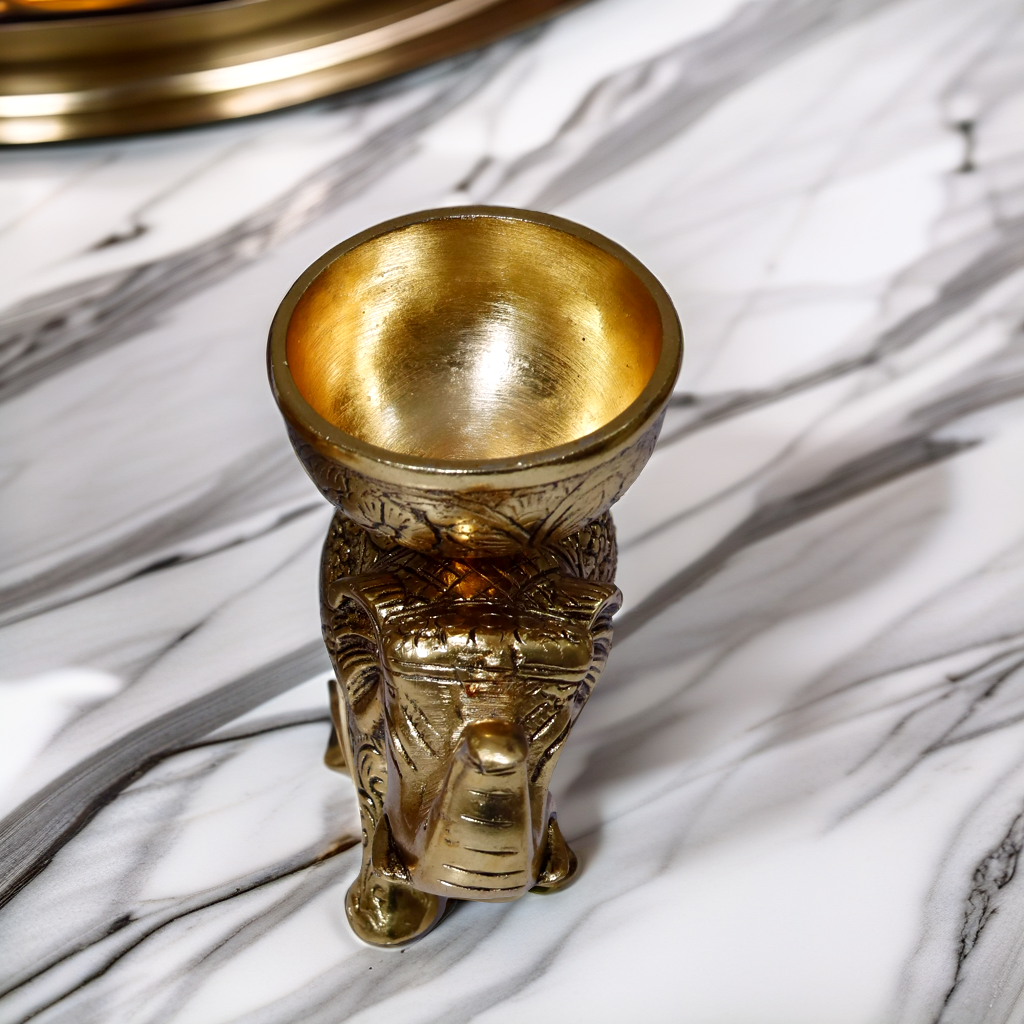 Golden Metal Elephant Statue With Bowl for Your Home,Office Table Decorative Decorative Showpiece - 5 cm (Metal, Gold)
