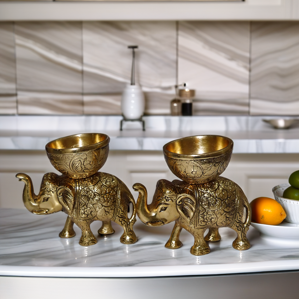 Golden Metal Elephant Statue With Bowl for Your Home,Office Table Decorative Decorative Showpiece - 5 cm  (Metal, Gold)