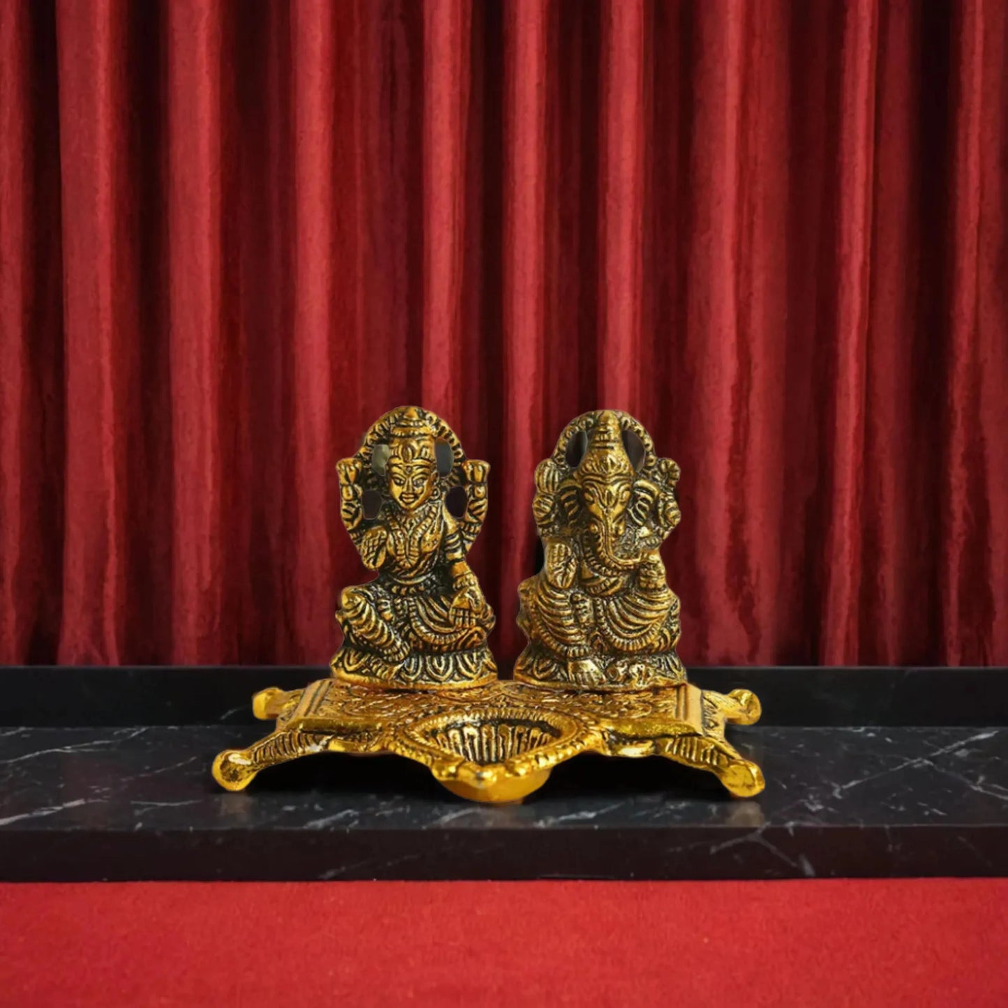 Goddess Lakshmi & Lord Ganesha Idol on Flower Diya