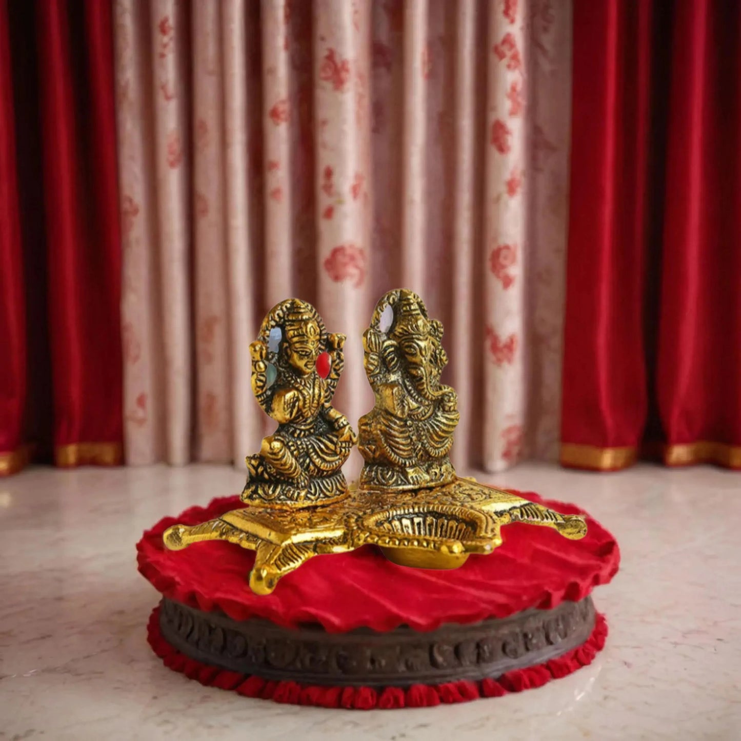 Goddess Lakshmi & Lord Ganesha Idol on Flower Diya