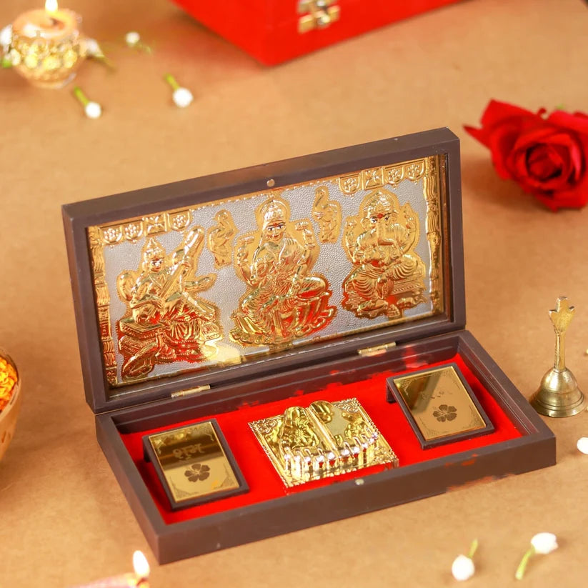 24 Karat Gold Coated Lakshmi Ganesh Saraswati with Charan Paduka (Pocket Temple)