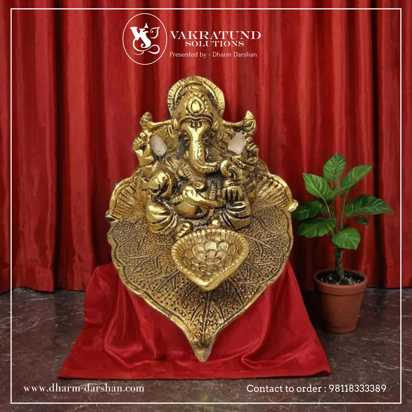 Golden Oxidized Ganesh Ji Sitting On Leaf With Diya