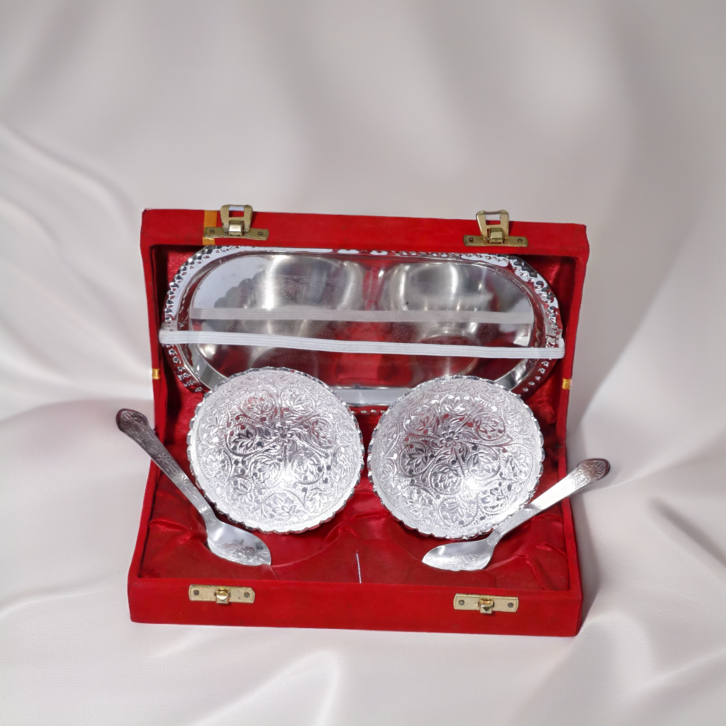 Brass Bowl, Spoon & Tray Set, 5 Piece, Silver-Diwali Gifts