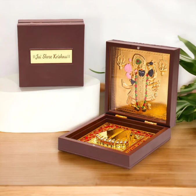 24 Karat Gold Coated Shreenathji with Charan Paduka (Pocket Temple)