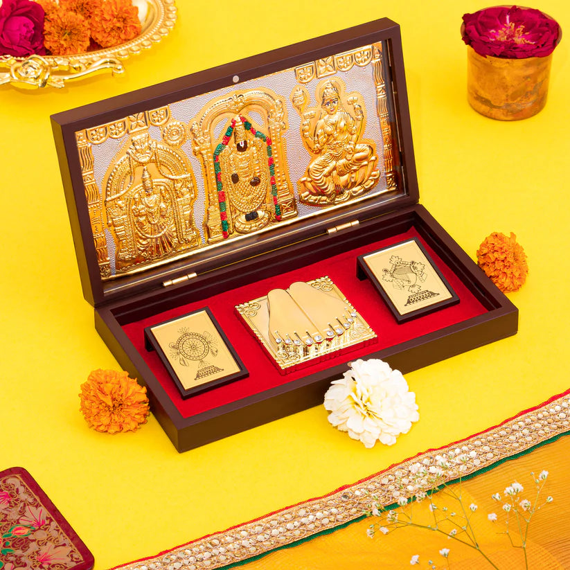 24 Karat Gold Coated Lord Balaji with Charan Paduka (Pocket Temple)